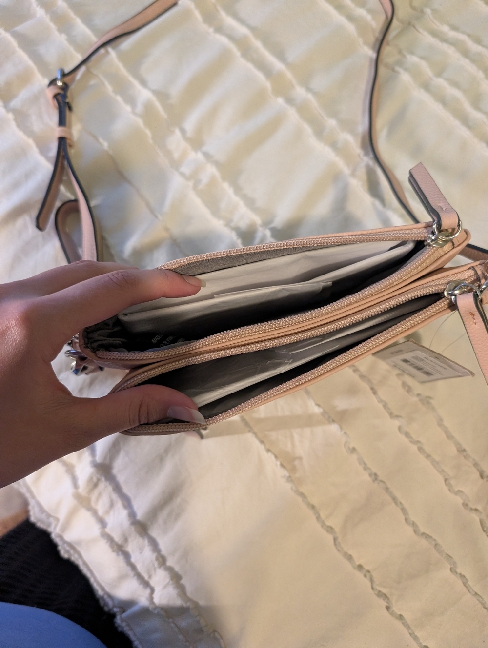 Textured Beige Crossbody Bag with Front Zip Pocket - Picture 6 of 8
